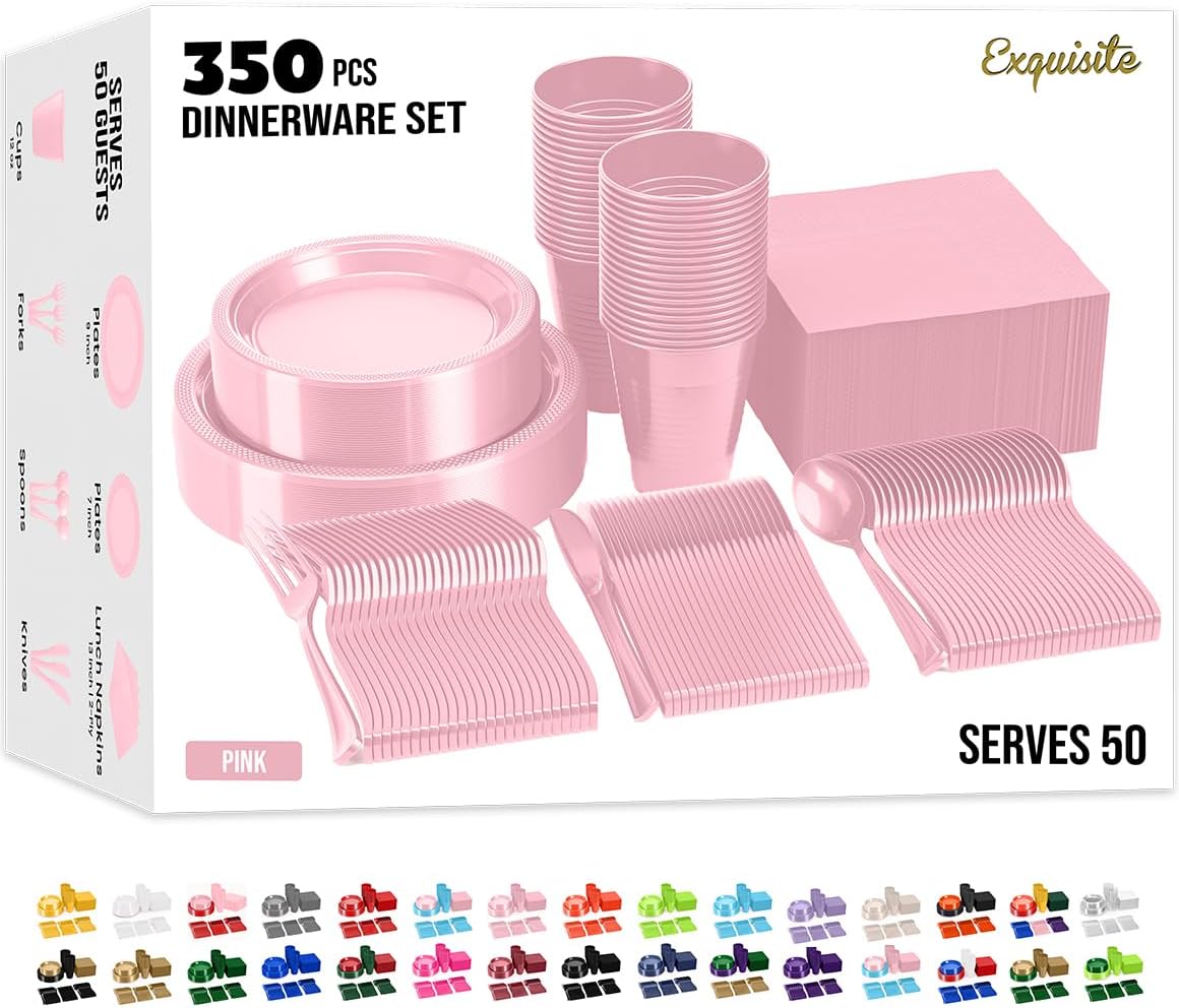 Party Solids 350 Pieces Pink Plastic Plates For Party, Pink Disposable Plates Set, 50 Of Each 9" Dinner Plate Set, 7" Dessert Plate, Cups, Napkins & Cutlery Plastic Dinnerware
