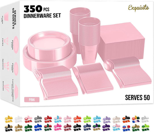 Party Solids 350 Pieces Pink Plastic Plates For Party, Pink Disposable Plates Set, 50 Of Each 9" Dinner Plate Set, 7" Dessert Plate, Cups, Napkins & Cutlery Plastic Dinnerware