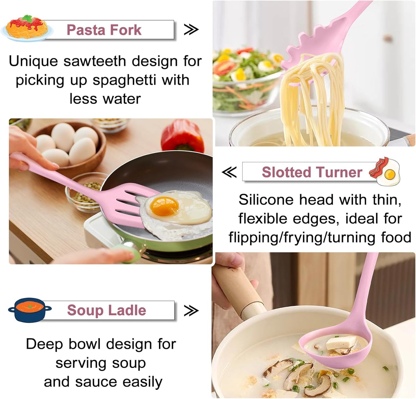 TeamFar Silicone Cooking Utensil Set of 7, Kitchen Nonstick Tools Turner Spoon Spatula Ladle Pasta Server for Nonstick Cookware, Healthy & One-Piece, Anti-Heat & Dishwasher Safe - Pink