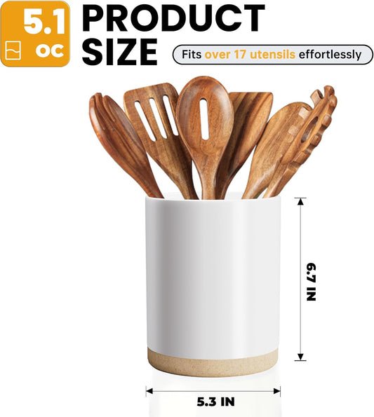 Ceramic Kitchen Utensil Holder for Countertop, Modern Crock with Non-Slip Cork Base, Counter Organizer for Cooking Tools , White