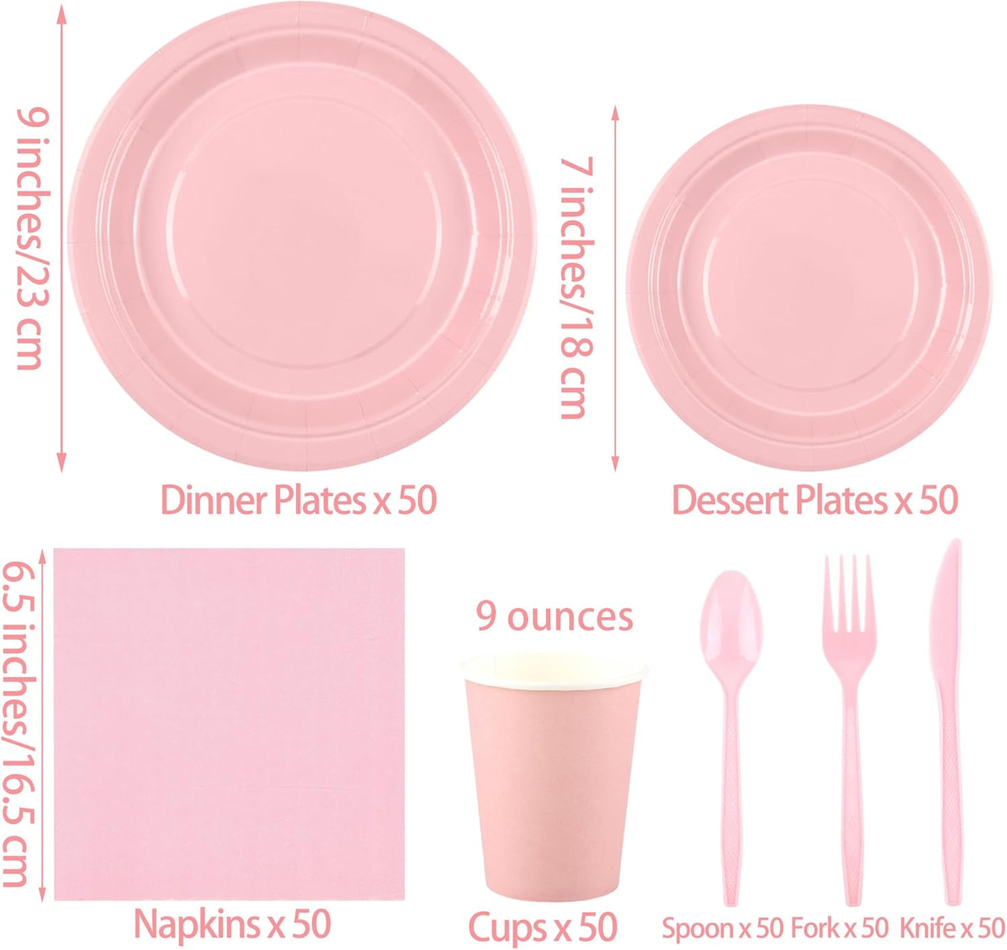 durony 350 Pieces Pink Paper Dinnerware Set 7 Inch 9 Inch Disposable Dinner Plates Sever 50 Guests Paper Cup Cutlery Napkins Solid Color Party Supplies for Birthday Wedding Party Family Picnic