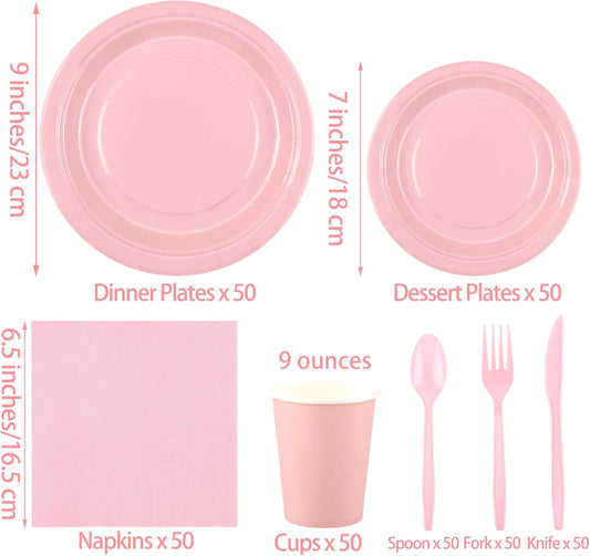 durony 350 Pieces Pink Paper Dinnerware Set 7 Inch 9 Inch Disposable Dinner Plates Sever 50 Guests Paper Cup Cutlery Napkins Solid Color Party Supplies for Birthday Wedding Party Family Picnic