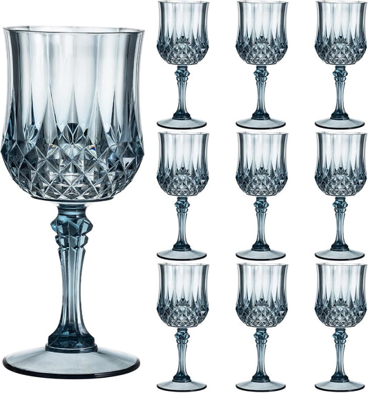 7OZ Plastic Wine Glasses, 10Pcs Blue Reusable Drinking Cups Vintage Champagne Flutes, Plastic Crystal Water Goblets for Parties Stemmed Shatterproof Drinking Glasses for Wedding, Toasting Party