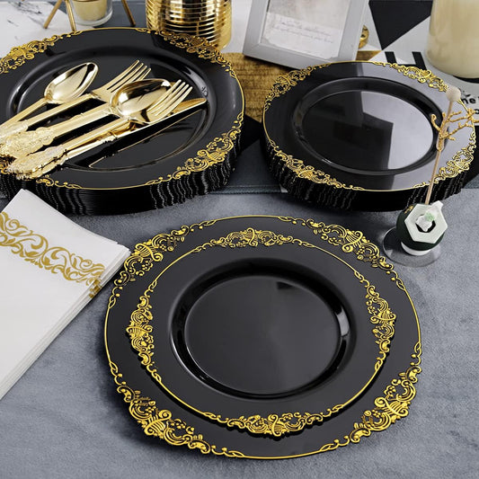 Hioasis 350pcs Black and Gold Plastic Plates - Diposable Dinnerware Set Suitable for 50 Guests Include 10.25" Dinner & 7.5" Dessert Plates, Pre Rolled Silverware Set, Cups for Party & Halloween
