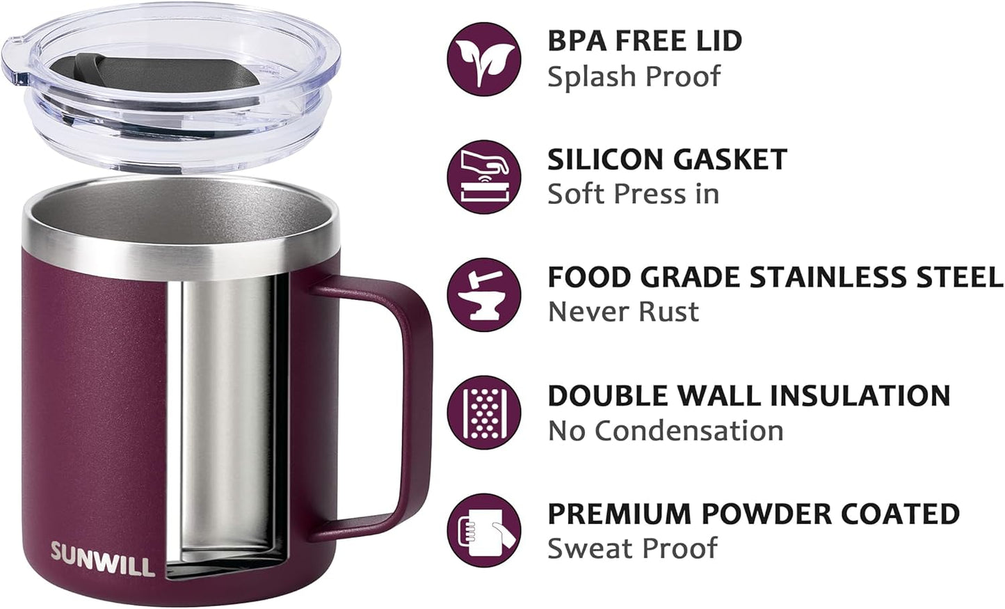 SUNWILL Travel Coffee Mug with Lid, Insulated Tumbler with Handle, 14 oz Stainless Steel Cup for Camping, Office, Home, Powder Coated Plum