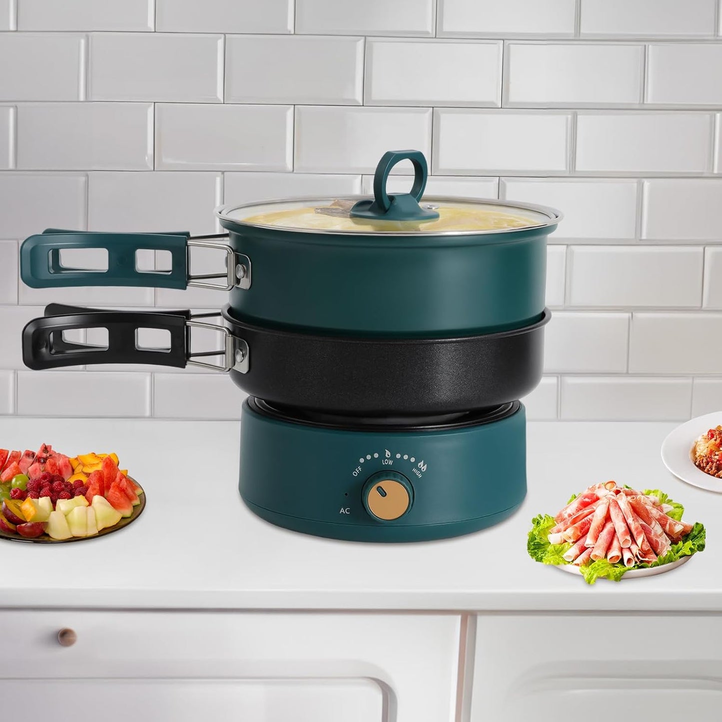 500W 0.42 Gal Portable Electric Hot Pot with Foldable Handles, Multi-function Non-stick Mini Cooker for Ramen Soup Pasta Steak, Power Adjustment & 110V Personal Travel Hot Pot Cooker (Green)