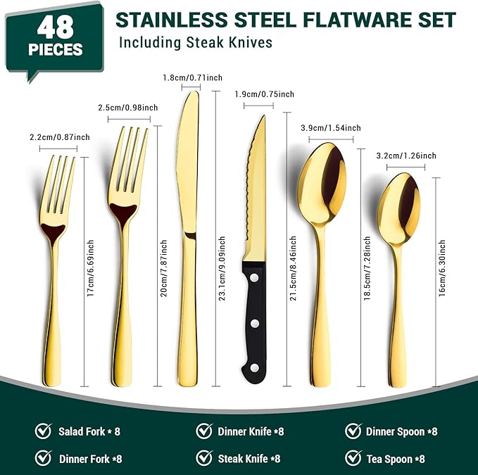 BEWOS 48-Pieces Gold Silverware Set for 8 - Stainless Steel Flatware Set with Mirror Polish, Silverware Sets Including Steak Knives, Forks and Spoons, Dishwasher Safe for Restaurant