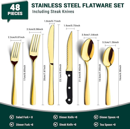BEWOS 48-Pieces Gold Silverware Set for 8 - Stainless Steel Flatware Set with Mirror Polish, Silverware Sets Including Steak Knives, Forks and Spoons, Dishwasher Safe for Restaurant