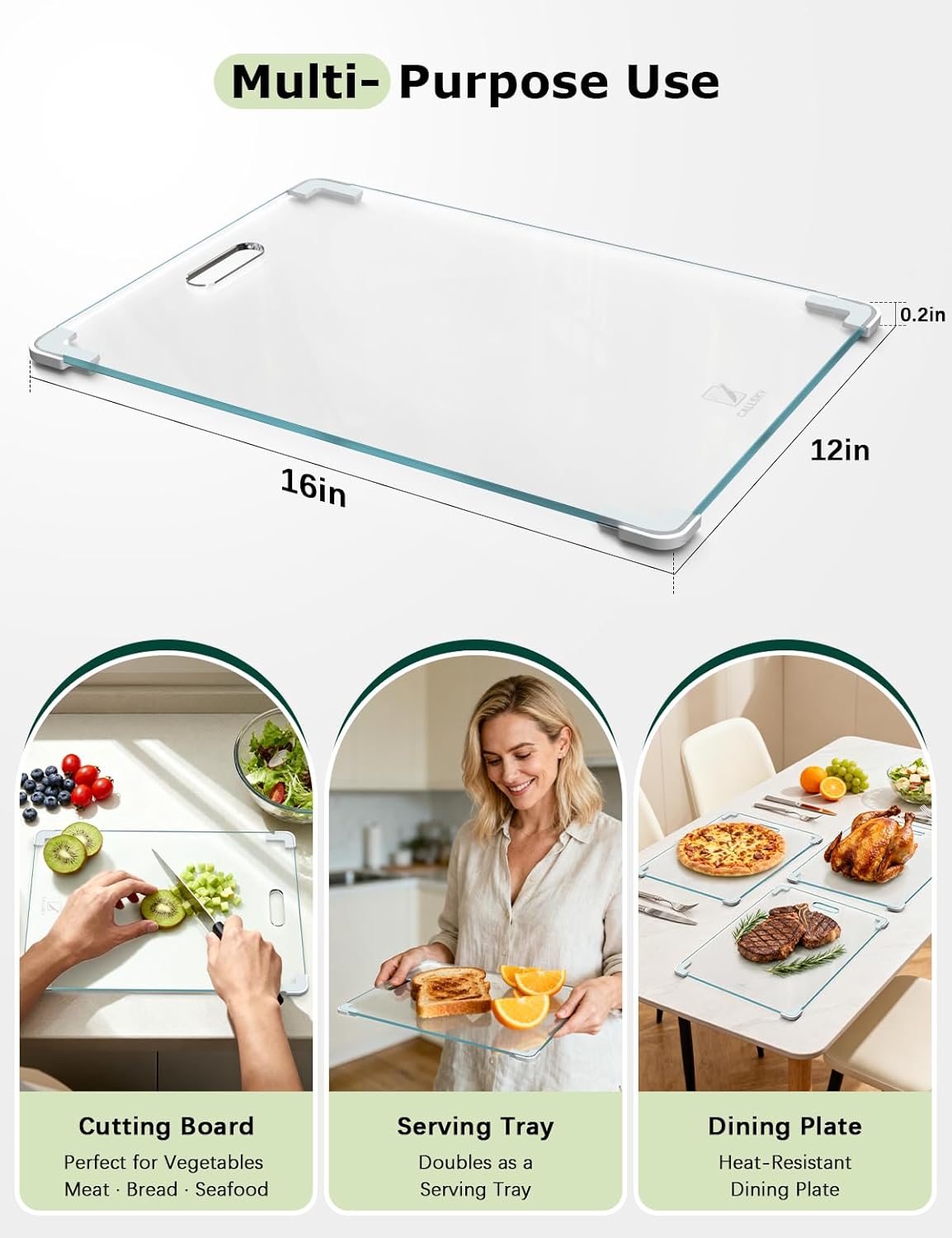 Tempered Glass Cutting Board Set, Large 16"x12" Glass Cutting Board for Kitchen with 4 Non-Slip Feet, Heat & Shatter Resistant Glass Cutting Board Dishwasher Safe, Perfect Kitchen Gift & Decor-Clear