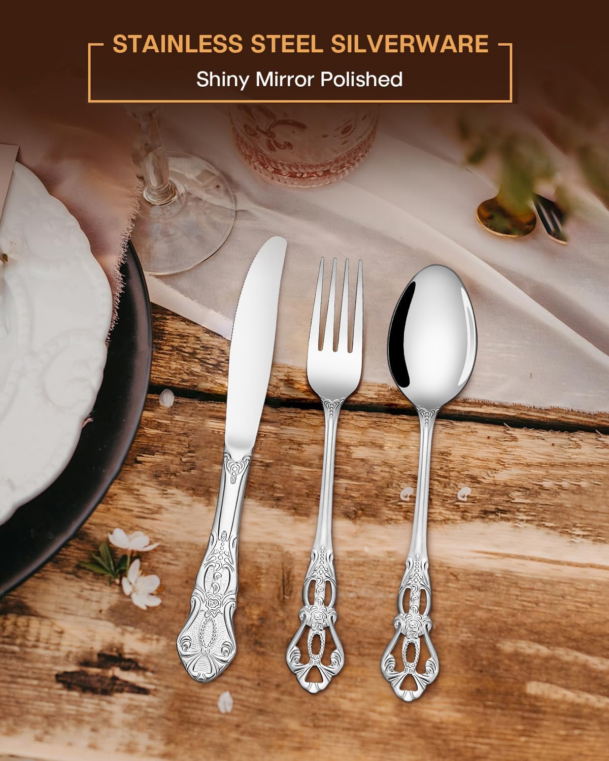 EUIRIO 48 Pieces Royal Silverware Set for 8, Gorgeous Retro Flatware Set with Steak Knives, Premium Stainless Steel Vintage Cutlery Utensils Set with Forks Spoons and Knives, Dishwasher Safe
