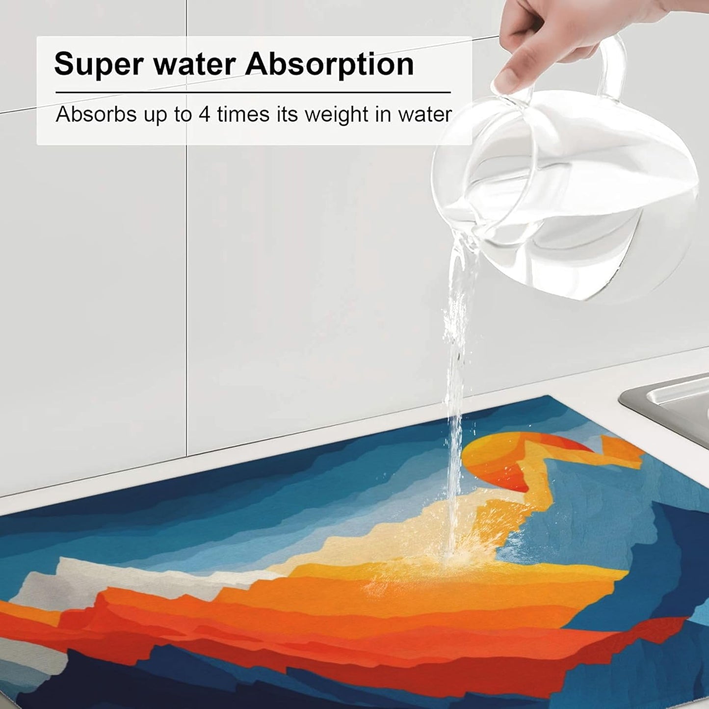 Colorful Mountains Sunset Dish Drying Mat for Kitchen Counter, 18"x24" Microfiber Absorbent Fast Dry Mat, 2Pcs Dish Mat Faucet Mats Sets, Large Drying Kitchen Mat Kitchen Drying Pad Coffee Bar Decor