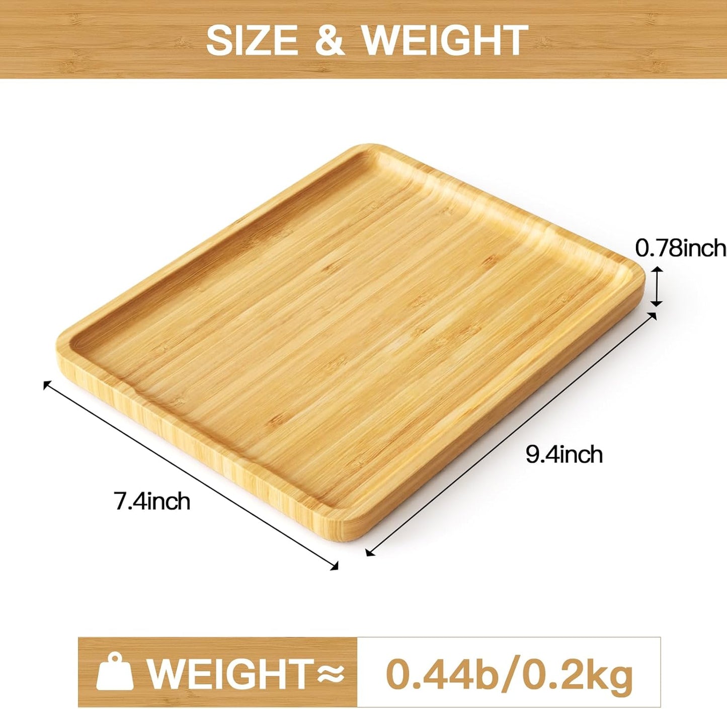 Square Bamboo Serving Tray with Handles - 9.4x7.4 Inch Rustic Wooden Platter for Coffee, Kitchen, Living Room & Party (Lightweight, Splinter-Free & Oil-Coated)