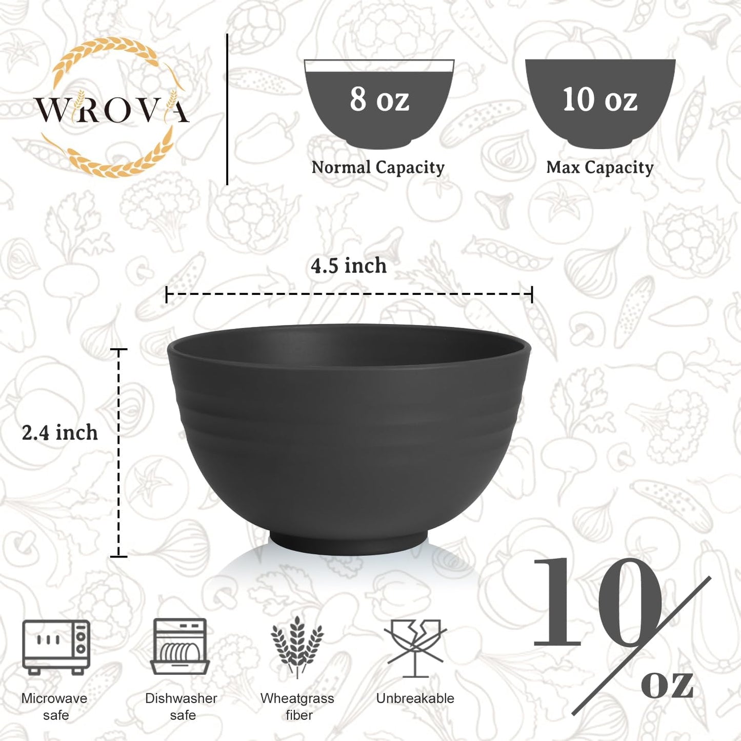Wrova Handy Wheat Straw Bowls Set of 6,Unbreakable Ice-Cream Bowls Sets for Kids,10oz Small Dessert Bowls for Kitchen,Camping and RV.Black Series