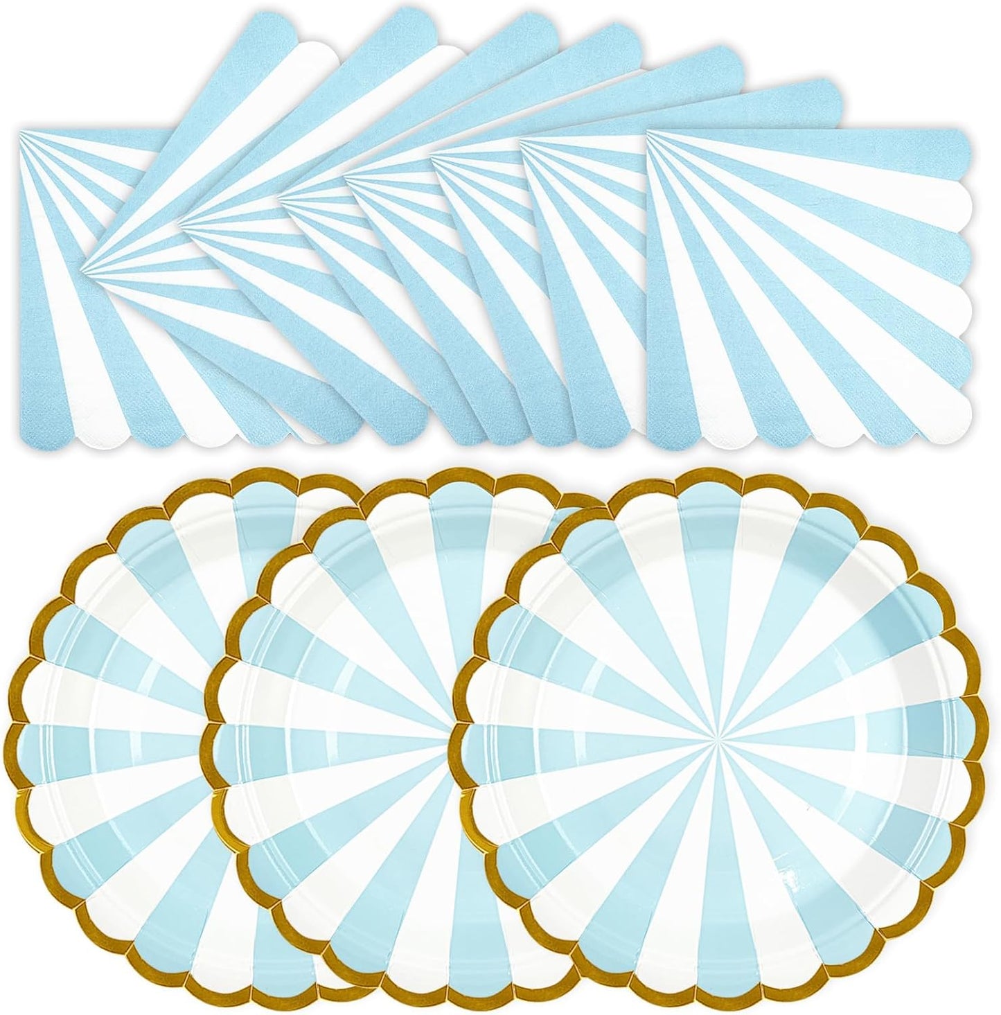 50PCS Blue Striped Paper Plates and Napkins Party Supplies, 7 inch Disposable Gold Foil Scalloped Dessert Plate Party Tableware Set for Birthday Wedding Bachelorette Baby/ Bridal Shower Decorations