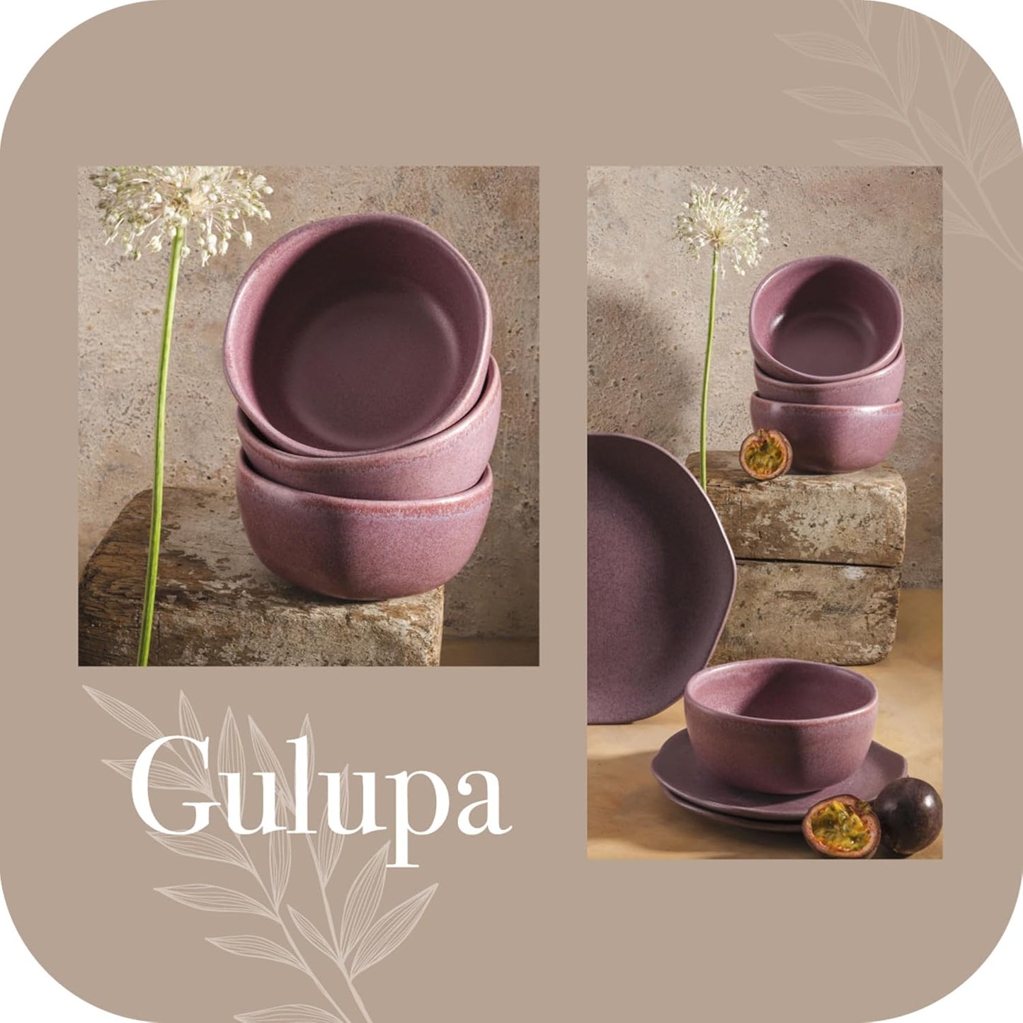 Corona Dinnerware Set 12–piece, Plates and Bowls Set, Ceramic Sets for 4, Microwave and Dishwasher Safe, Gulupa Reactive Glaze, Bold & Matte Set.