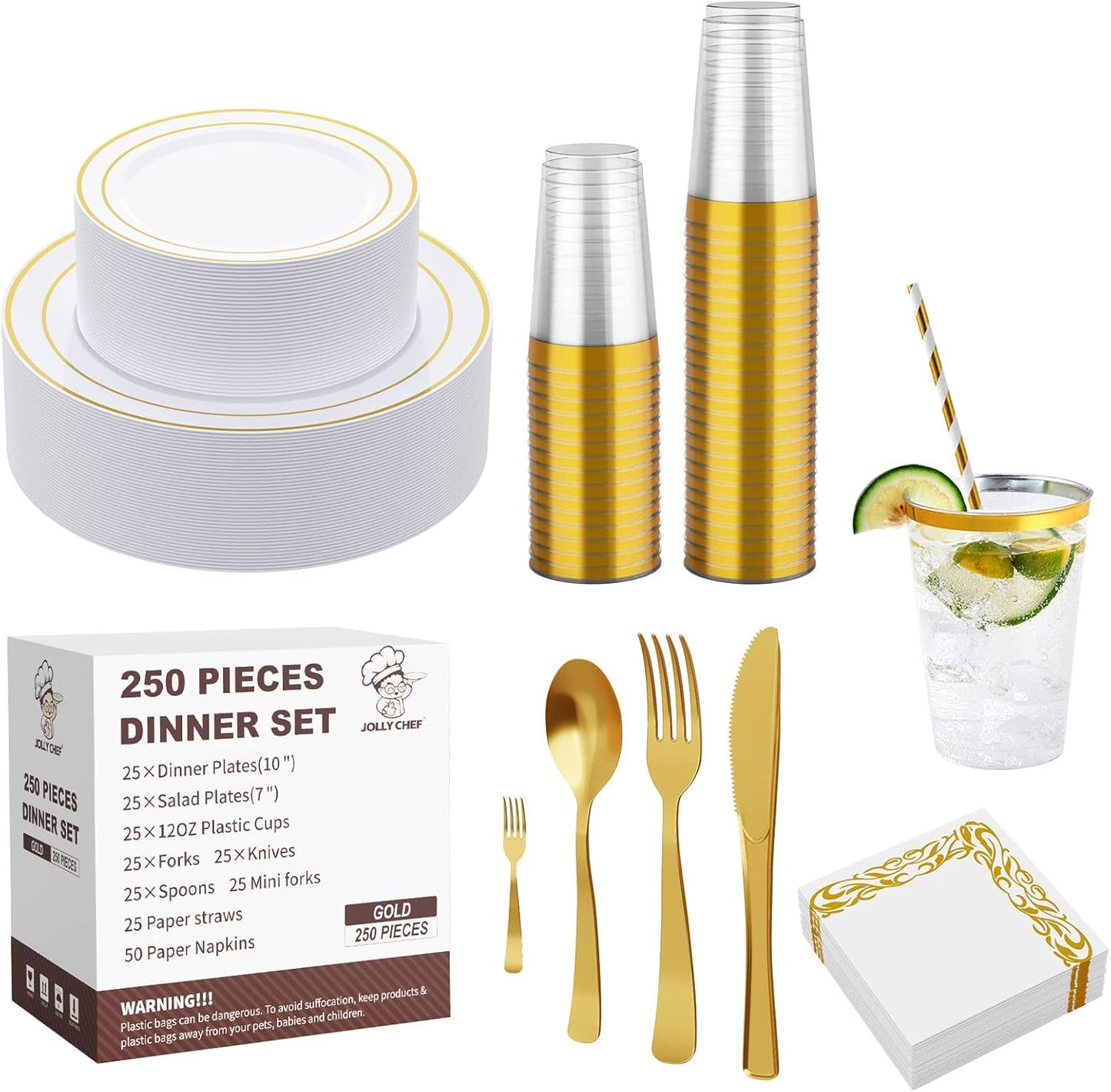 250 Count Gold Disposable Plastic Dinnerware Set, 50 Gold Plastic Plates, 25 Silverware, 25 Cups and Straws, 50 Napkins, Perfect for Wedding Party