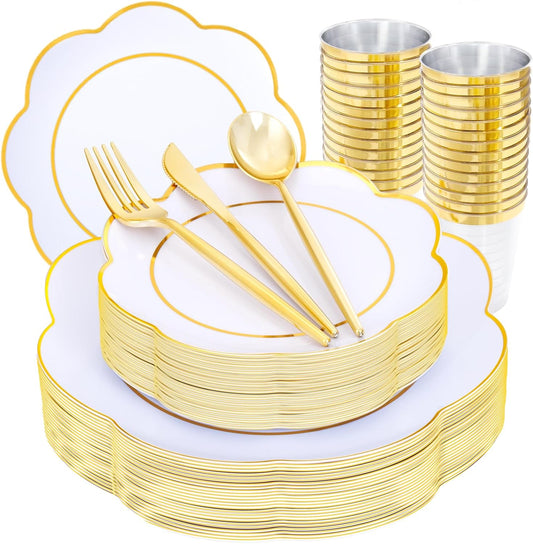 EI 180pcs White Plastic Plates with Gold Plastic Silverware,Heavy-Duty Disposable Plates for Party,White Dinnerware Set for 30 Guest Wedding,Birthday
