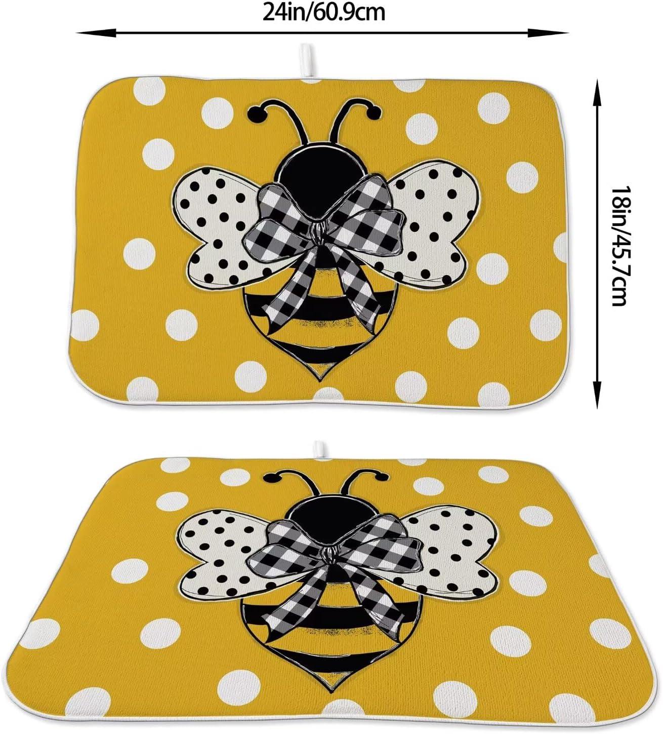 Summer Dish Drying Mat 18 x 24 inch Yellow Bumble bee Polka Dots Decorative Drying Mats Microfiber Absorbent Dish Washable Draining Mat for Kitchen Counter Decor
