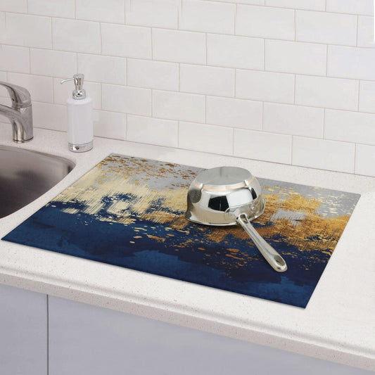 Navy Blue Gold Abstract Art Dish Drying Mat for Kitchen Counter, Absorbent Microfiber Drying Pad for Dishes, 18" x 24" Washable Foldable Modern Kitchen Mat for Dining Area & Home Decor, Blue Gold