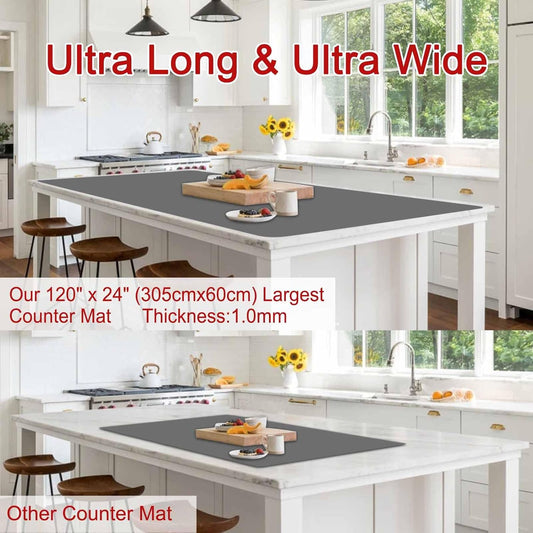 Largest Silicone Mats for Kitchen Counter, 120" x 24" Extra Large Heat Resistant Counter Mat, Kitchen Island Waterproof Thicken Non-slip Countertop Protector Mat, Multipurpose Mats, Light Gray