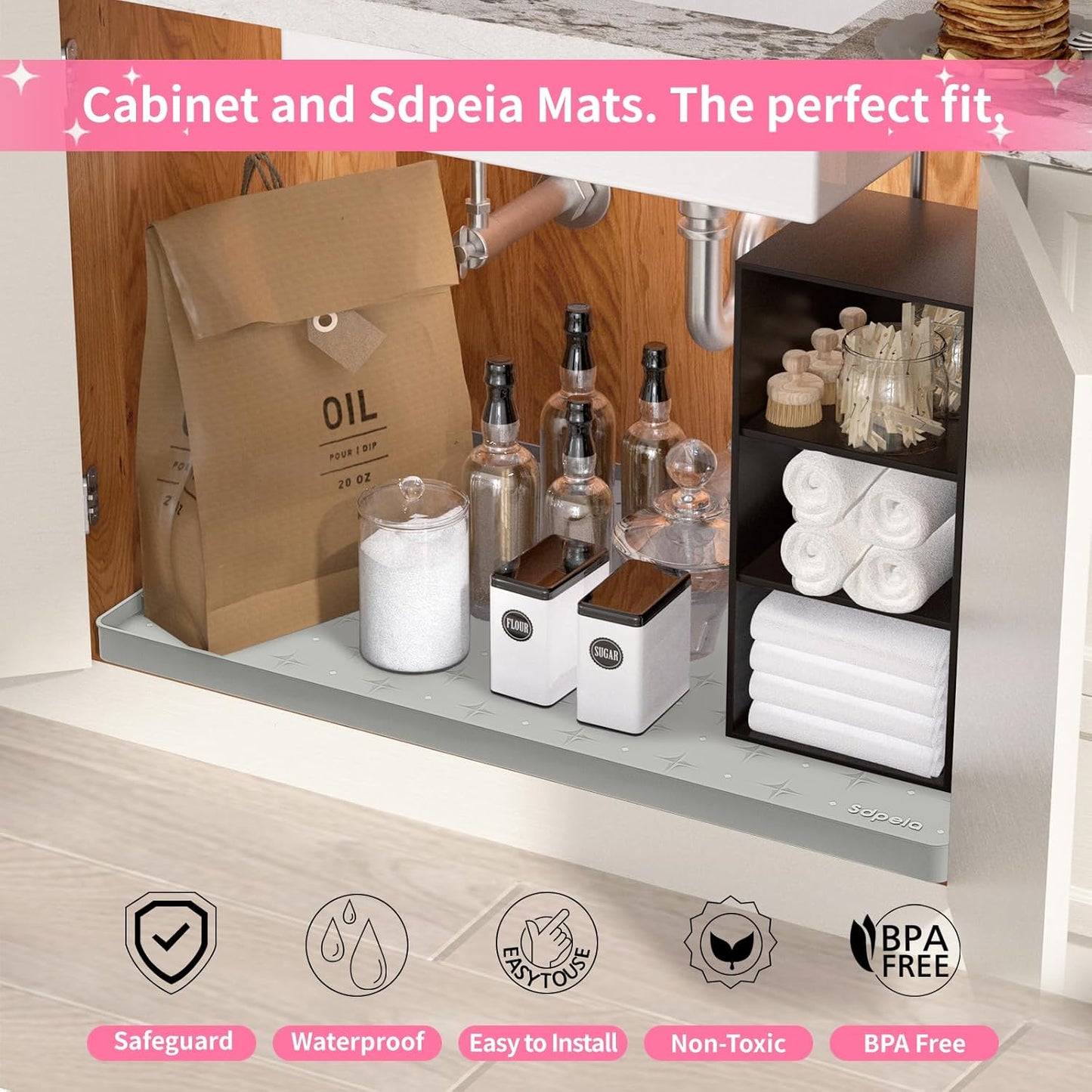 Sdpeia Under Sink Mat for [28" x 22"] Cabinet, Upgraded Silicone Waterproof Mat Kitchen Cabinet Liner Cabinet Protector Kitchen Organizers and Storage