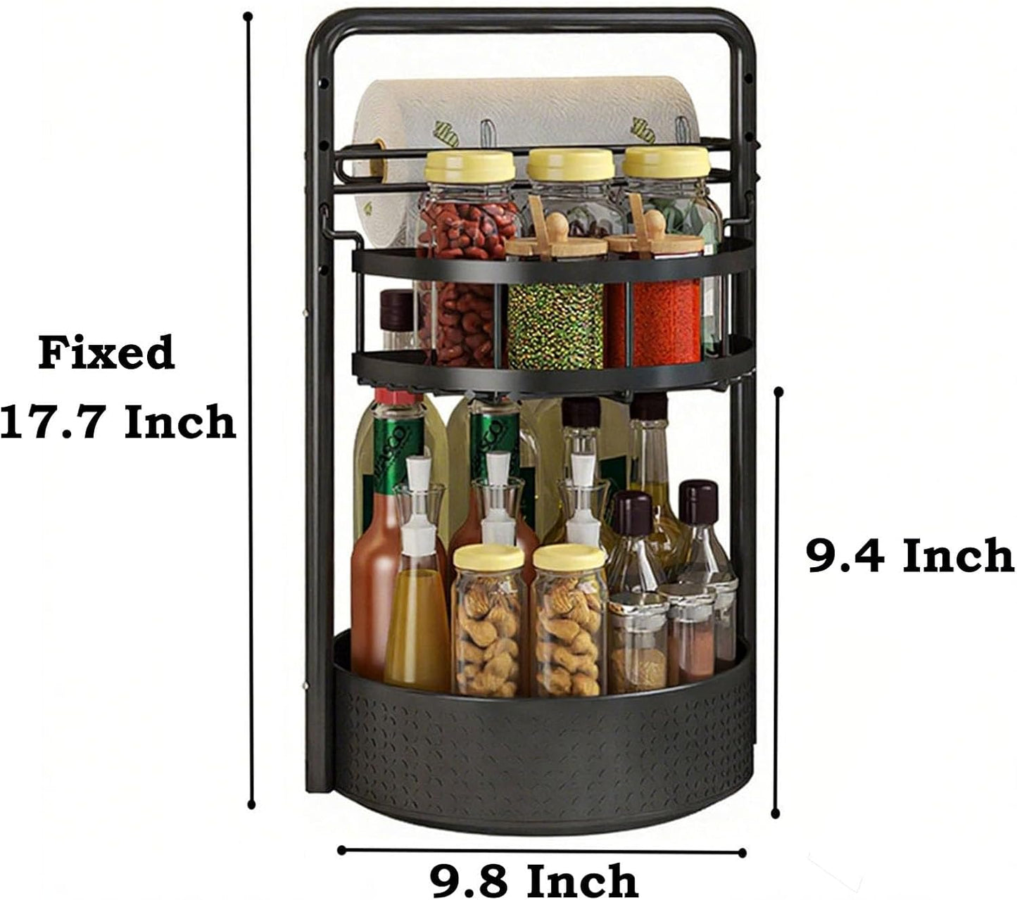 Lazy Susan Organizer, 360° Rotating Metal Spice Rack with Paper Towel Holder, Turntable Spice Holder for Condiments, Bottles, Jars, Suit for Kitchen Countertop & Cabinet, Black