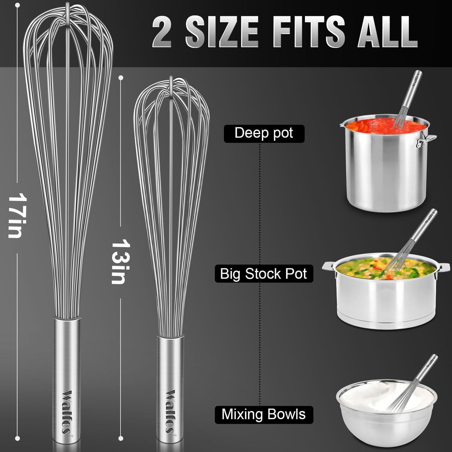 Walfos Whisks Large Whisk Set of 2, Heavy Duty Stainless Steel Wire Whisk Ideal For Beating Eggs, Mixing Batter & Blending Sauces.（13in+17in)