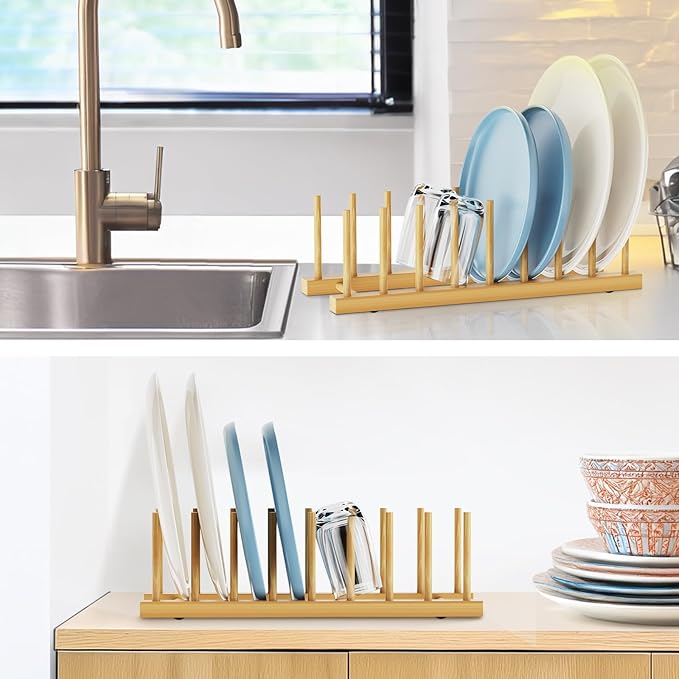 Bamboo Dish Drying Rack for Kitchen Organizer-Sturdy Plate Rack Organizer with Natural Bamboo, Dish Rack Holds Plates, Cups & Cutting Boards-Dish Drying Rack for Countertop & Cabinets（2 Pack）