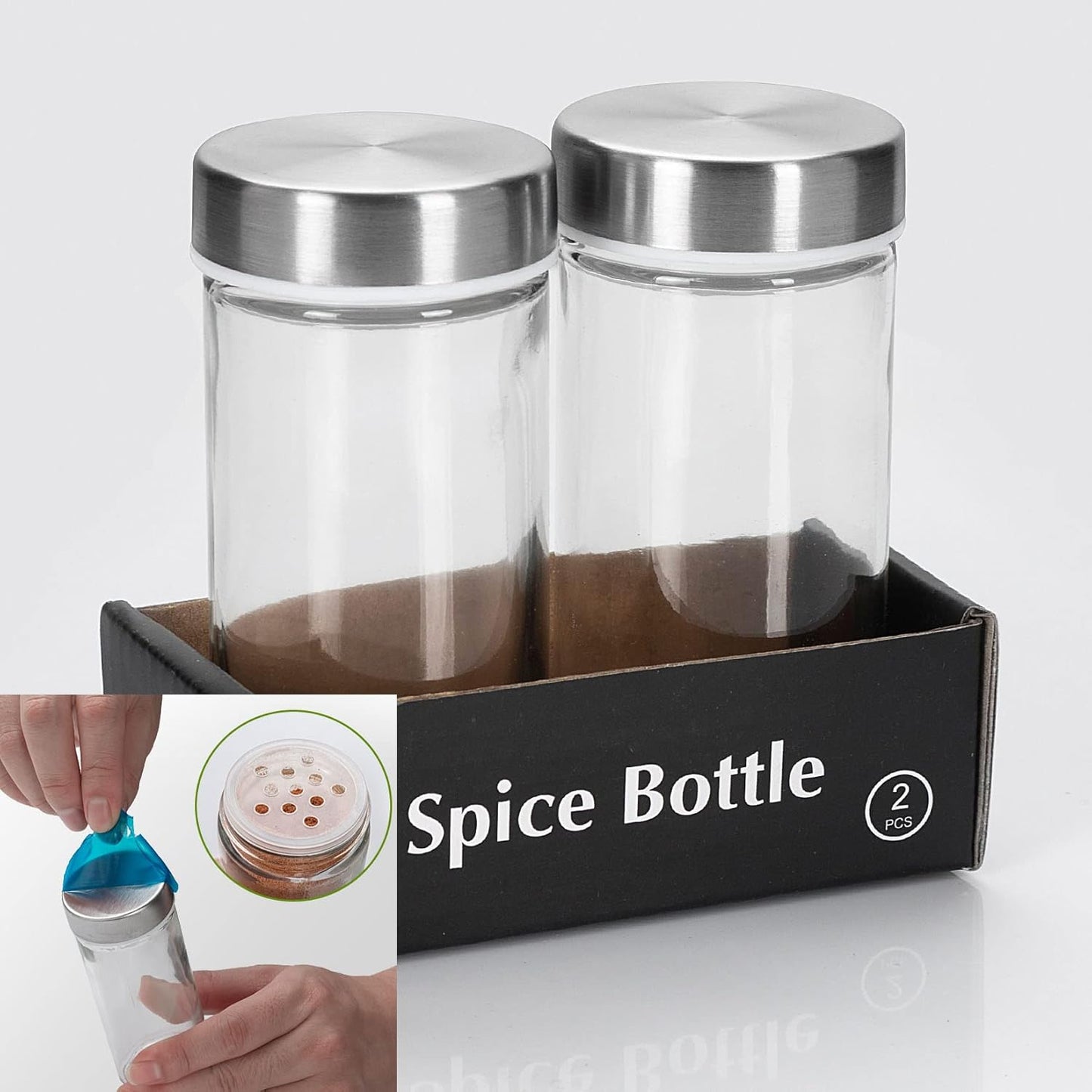 2 Pcs Glass Spice Jars/Bottles - 3oz Empty Round Spice Containers with Airtight Metal Caps with Shaker Lids (2, clear)