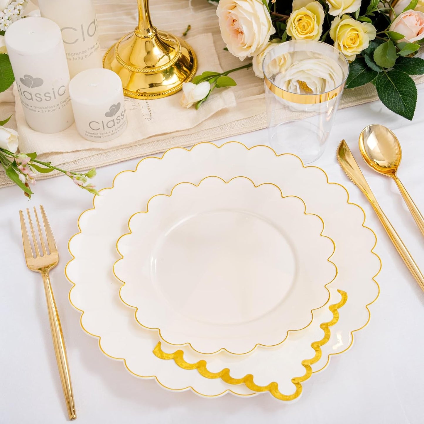 LIYH 210 Pcs Ivory Plastic Plates Thanksgiving Plastic Plates Cream Gold Scalloped Plate Thanksgiving Dinnerware sets Include Plate Gold Silverware Napkins Cup for Birthday Friendsgiving Day 30 Guests