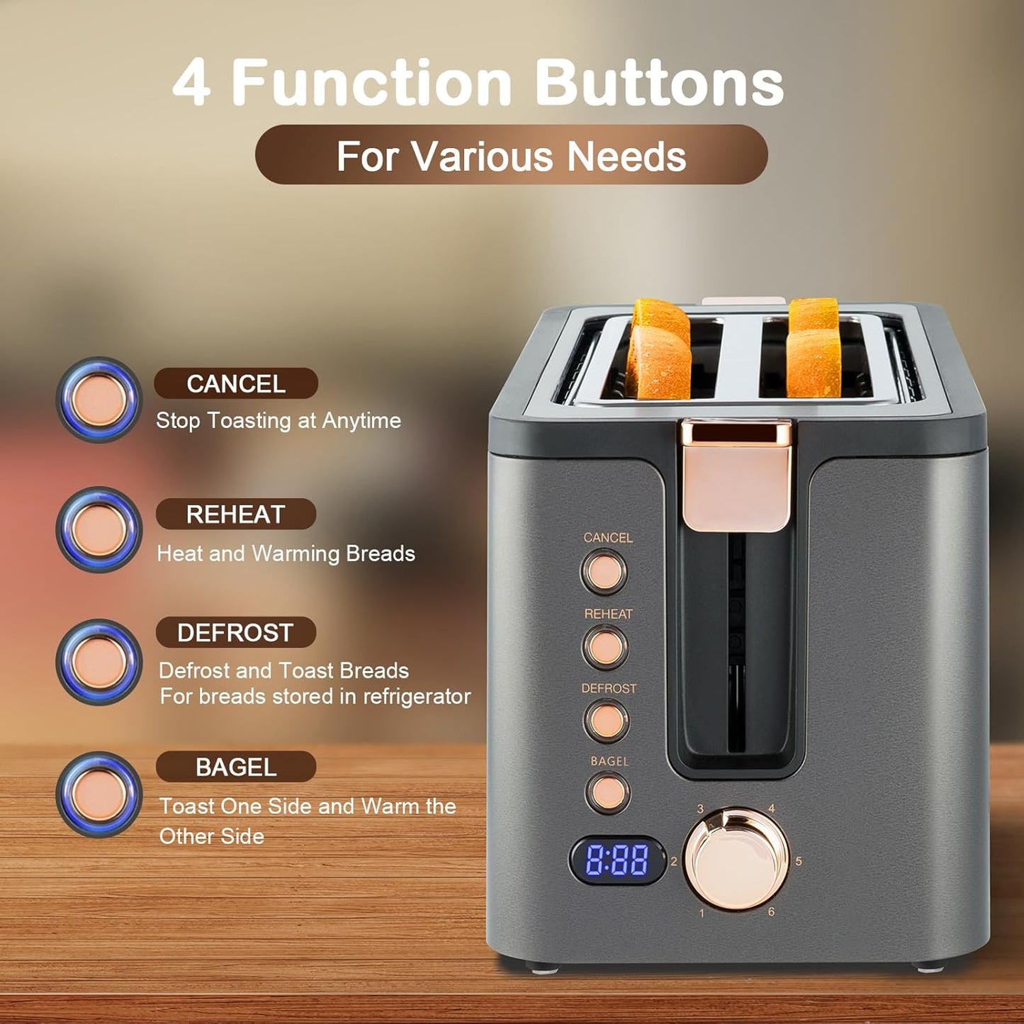 Mecity 4 Slice Toaster, Long Slot Toaster With Warming Rack, Timer, Bagel, Defrost, Reheat Functions, Crumb Tray, 6 Browning Settings, Extra Wide Long Slots, Stainless Steel, 1300W, Grey