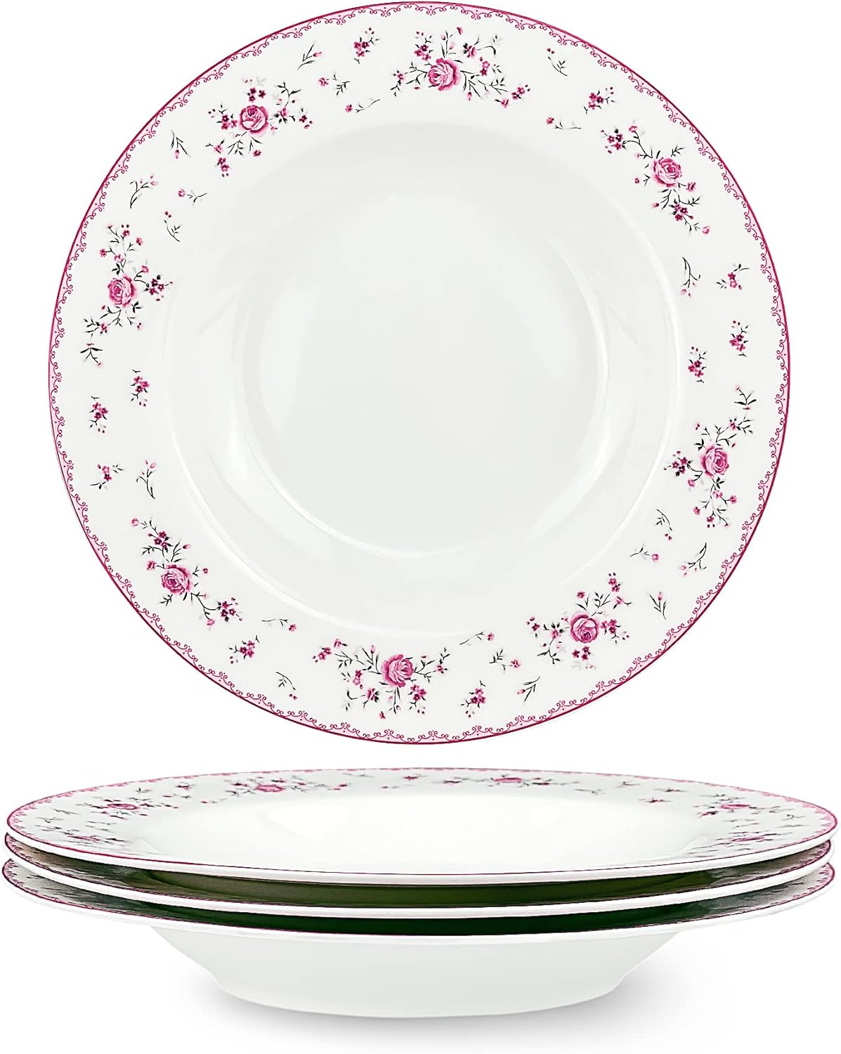 fanquare 8 Inch Porcelain Soup Bowls Set of 4, Round Pasta Plates Set for Salad, Dessert, Snack, Pink Roses