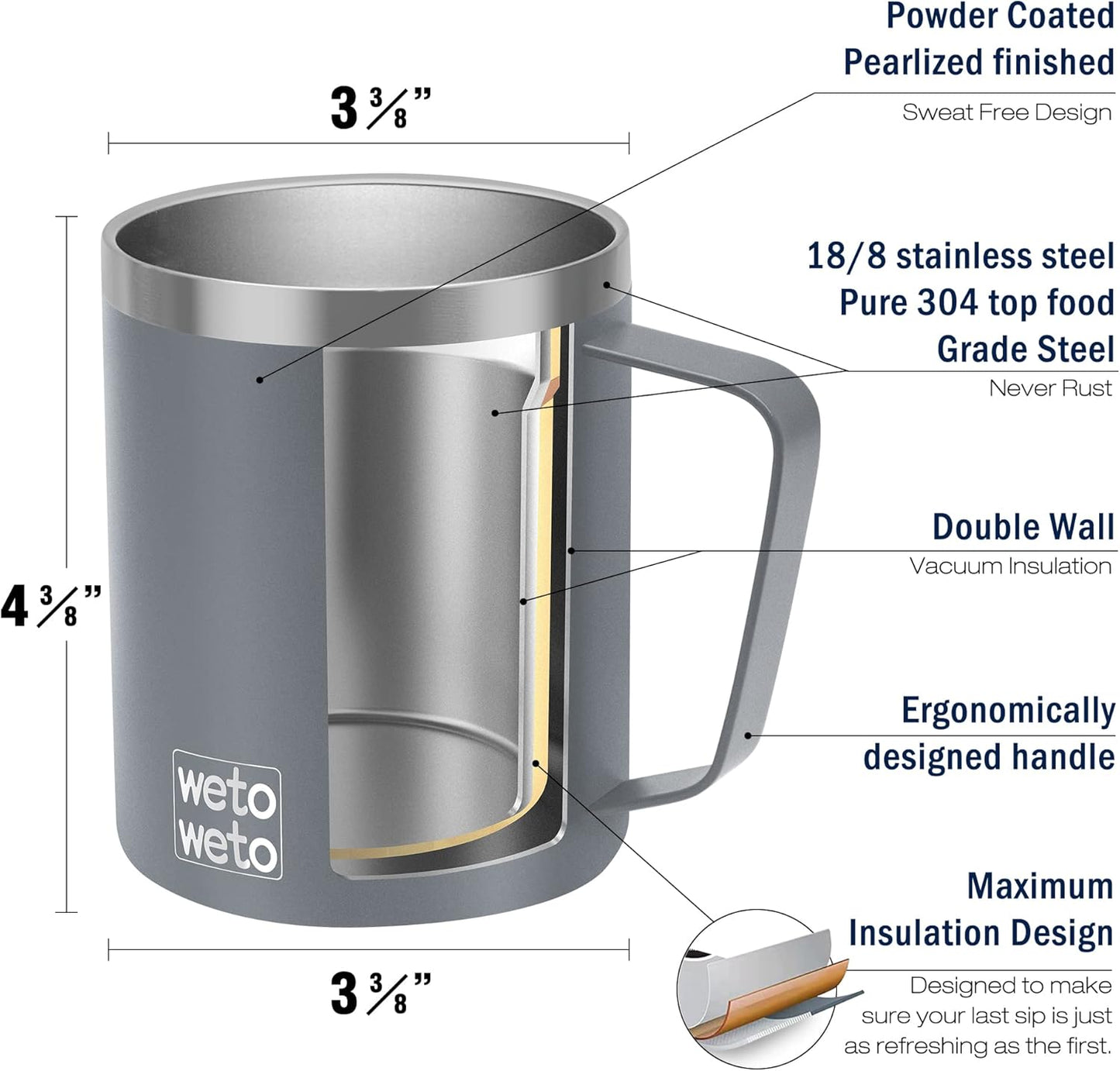 WETOWETO 14 oz Coffee Mug, Vacuum Insulated Camping Mug with Lid, Double Wall Stainless Steel Travel Tumbler Cup, Coffee Mugs Outdoor, Powder Coated Cool Grey