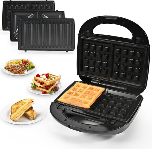 3 in 1 Sandwich Maker, Portable Waffle Iron Maker, Electric Panini Press with Removable Non-Stick Plates LED Indicator Lights, Cool Touch Handle for Breakfast Toaster, Grilled Cheese Bacon and Steak