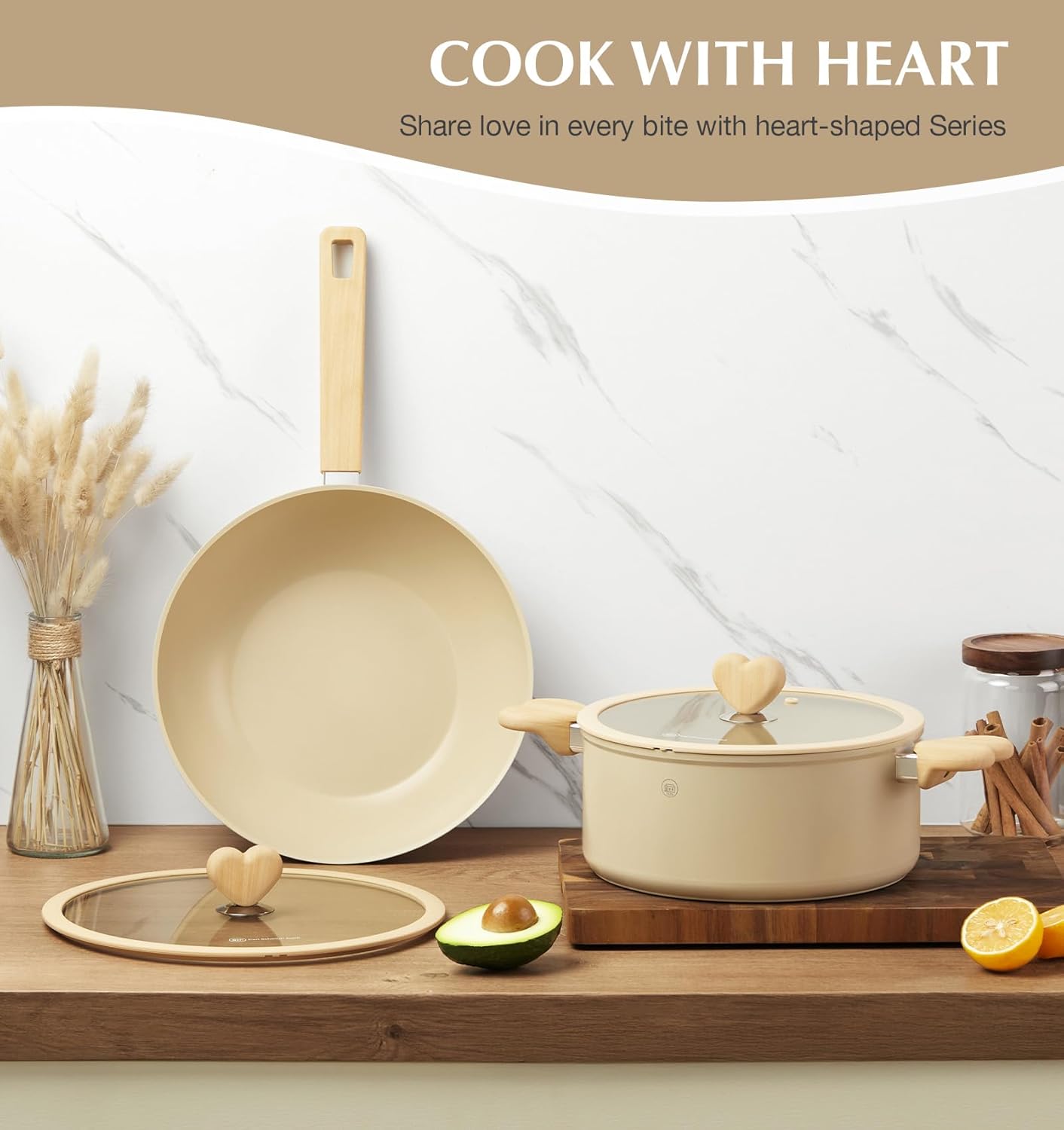 Stock Pot with Lid, 6 Quart Pot with Nonstick Cream Interior, Nonstick Soup Pots with Cool-Touch Heart-Shaped Handles, Stylish Cooking Pots with Lid, Induction Compatible, Cream Color