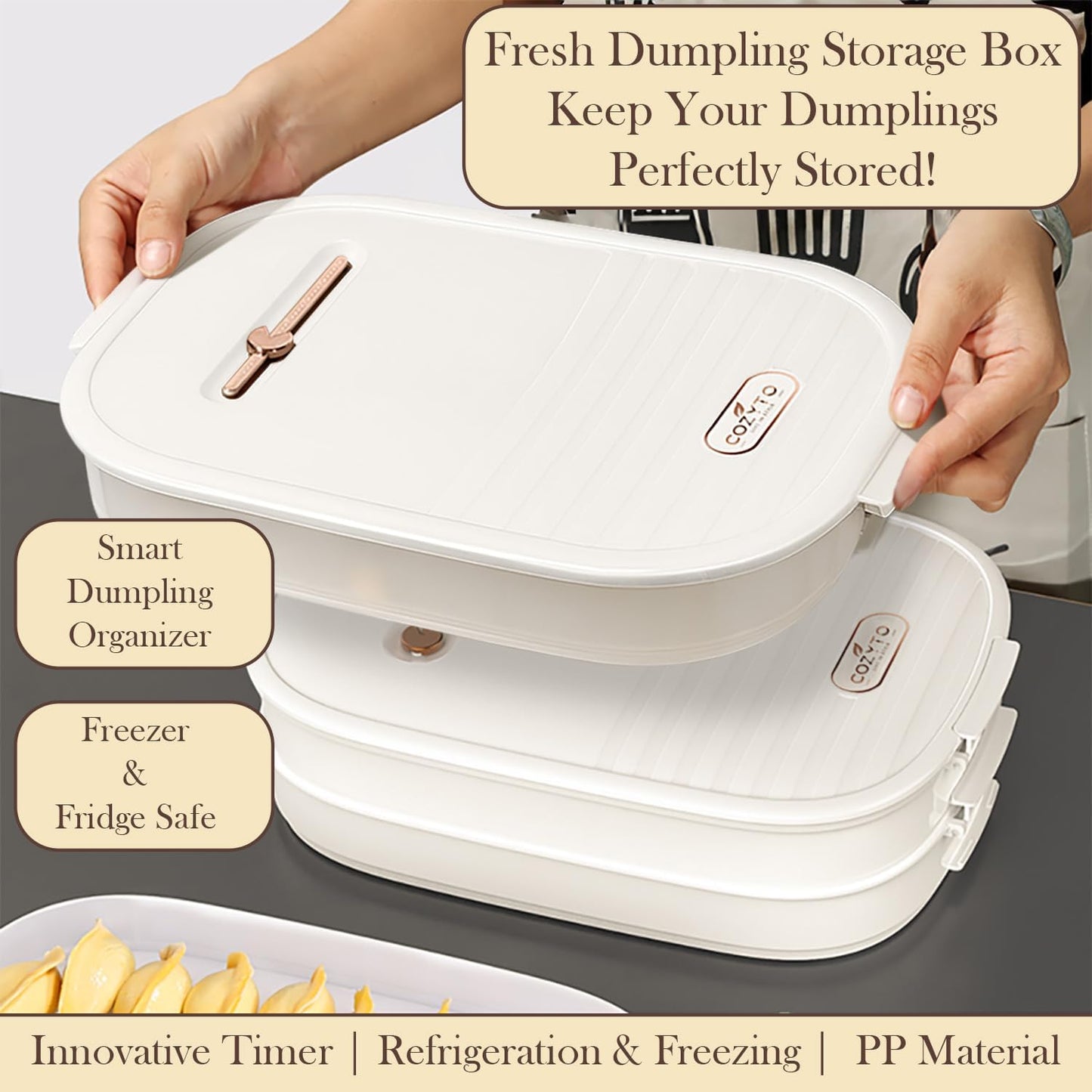 4-Layer Dumpling Storage Container – Freezer Organizer with Smart Timer, Good Sealing, Stackable Food Containers, Anti-Stick Base & Clip Lid (White Lid & Transparent Box)