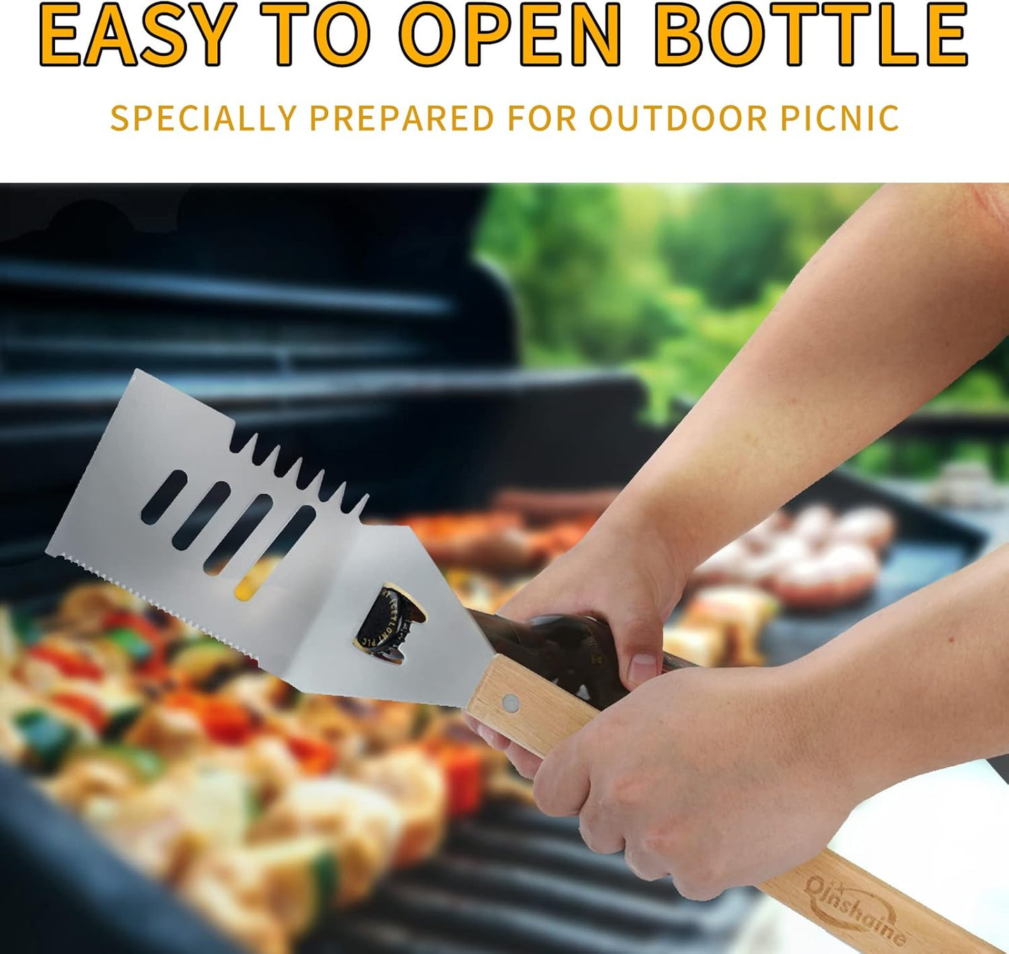 4-in-1 BBQ Spatula, Multifunction Grill Spatula with Wooden Handle, perfect for BBQ grills and kebabs for camping picnics