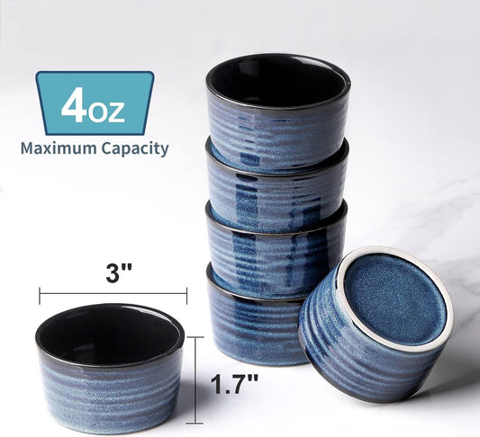 Ceramic 4 oz Ramekins,Small Souffle Dishes Set of 6, Mini Baking Bowls for Kitchen, Porcelain Dipping Sauce Cups for Creme Brulee, Pudding, Ice Cream, Lava Cakes, Microwave & Oven Safe, Blue