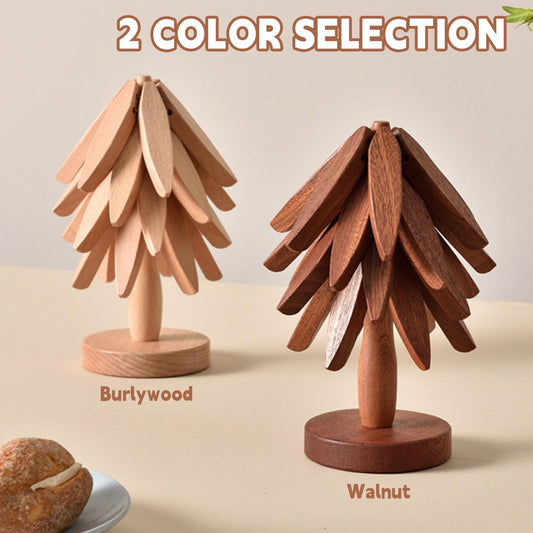 Wooden Trivets for Hot Dishes, Tree Shape Trivet Set, 4 Walnut Wood + 1 Stand stored Like a Christmas Tree,Foldable Kitchen Wooden Trivet,for Hot Dishes、Pot、Bowl、Teapot、Hot Pot Holder(Beech Wood)