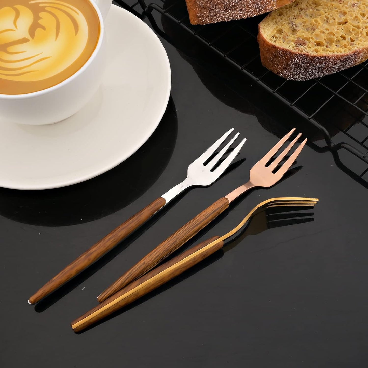 JASHII Wood Handle Flatware Set, 20 Pieces Stainless Steel Silverware Cutlery Set, Mirror Polished, Knife Fork Spoon Set, Dishwasher Safe - Pointed Head Silver