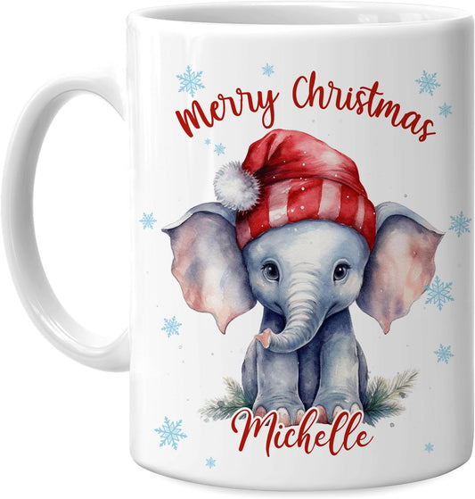 Hyturtle Personalized Gifts Elephant Lover - Elephant Wearing Santa Hat Custom Name Ceramic Coffee Mug Cup 11oz - Cute Animal Lovers Gifts For Women, Girl kids Family On Birthday, Christmas