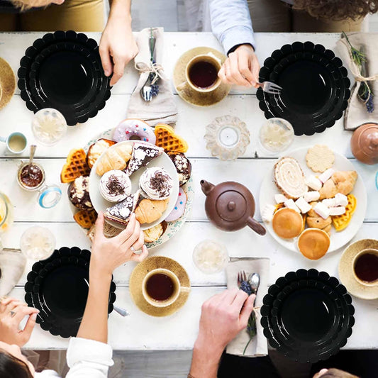 50 Pcs Black Scalloped Paper Plates 25 × 7'' and 25 × 9'' Disposable Black Scalloped Dinner Plates for Wedding Baby Shower Birthday Party Disposable Dessert Plate