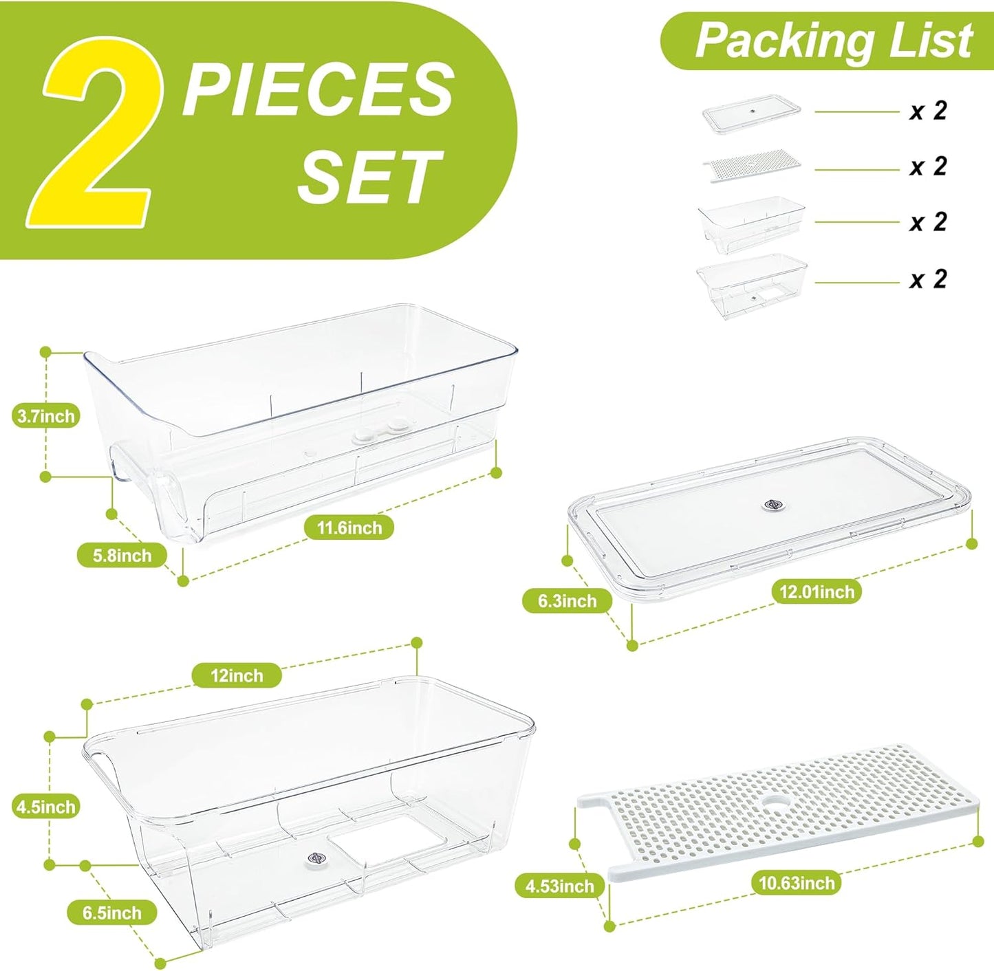 Pull Out Fridge Organizer Drawer, Stackable Refrigerator Storage Bins with Drain Tray and Lid, Clear Fruit and Vegetable Storage Containers Box, for Kitchen Freezer, 2-Pack