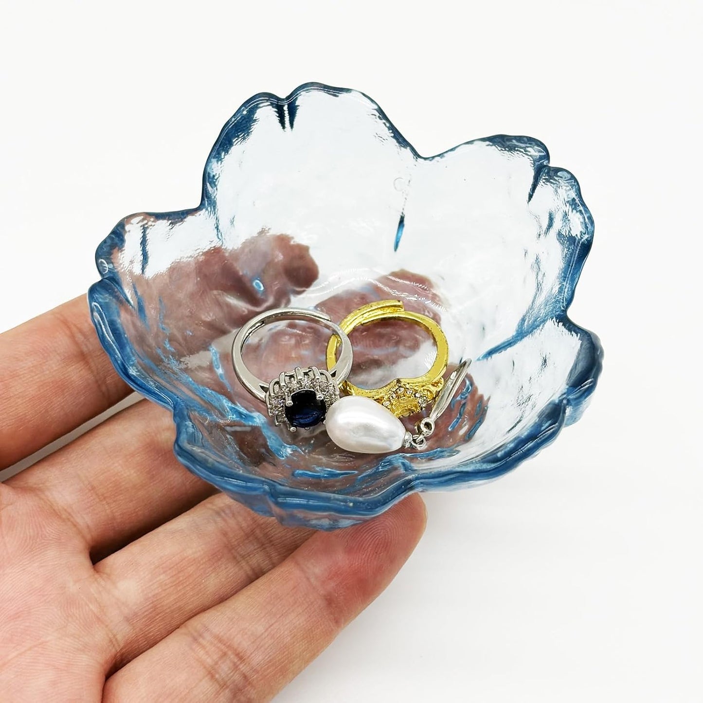 Flower Ring Dish Jewelry Tray, Glass Jewelry Dish Tray, Aesthetic Room Decor Small Trinket Dish, Nightstand Jewlery Ring Holder Dish, Bathroom Jewelry Plate Bowl for Rings Earrings Wife Gift (Blue)