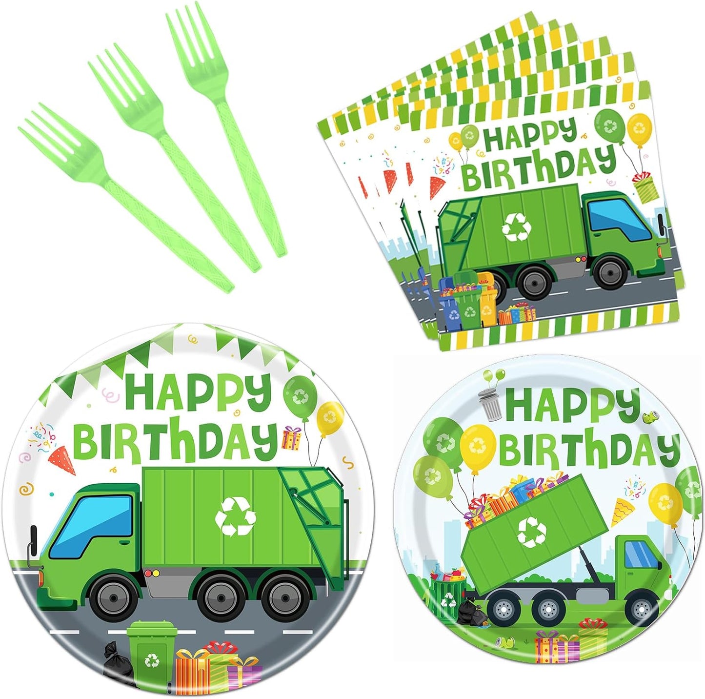 Rakuto Trash Truck Birthday Tableware Supplies Decorations, 96PCS Garbage Truck Birthday Party Plates and Napkins Forks Decor, Disposable Paper Dinnerware Set Supplies Serves 24