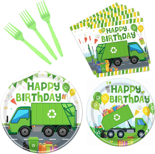 Rakuto Trash Truck Birthday Tableware Supplies Decorations, 96PCS Garbage Truck Birthday Party Plates and Napkins Forks Decor, Disposable Paper Dinnerware Set Supplies Serves 24