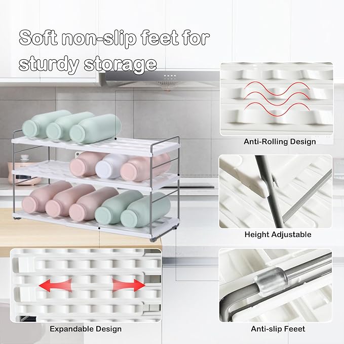 3-Shelf Water Bottle Organizer for Cabinet, Adjustable Tumbler Storage for Kitchen Organization,Drink and Water Bottle Storage for Pantry,Expandable Kitchen Organization，Water Bottle Holder