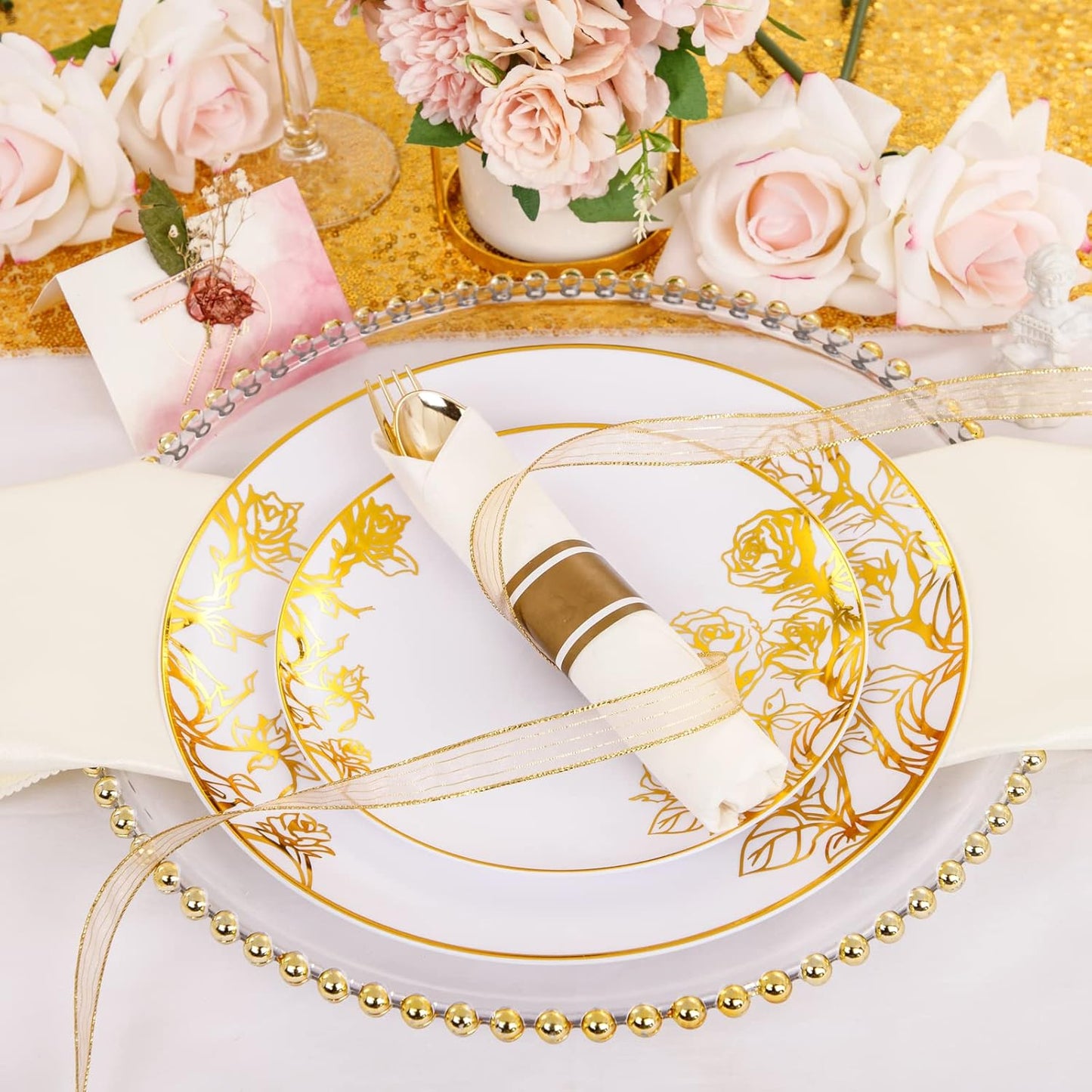 DaYammi 210Pcs White Gold Plastic Plates for Party,Thanksgiving Gold Disposable Dinnerware Set Includes 60 gold floral plates,30 plastic Silverware,30 Per Rolled Napkins,30 Plastic Cups for Party