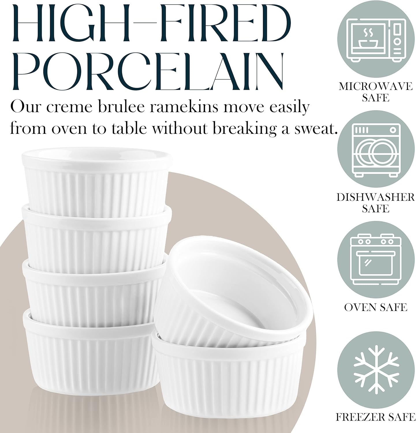 Bellemain Creme Brulee 4 oz Ramekins | Mini Casserole Dish Set, Charcuterie Bowls, Pot Pie Baking Dishes, Soy Sauce Bowls | Fluted Porcelain Bowls, Ramekins Oven Safe to 500F, Set of 6 (White)
