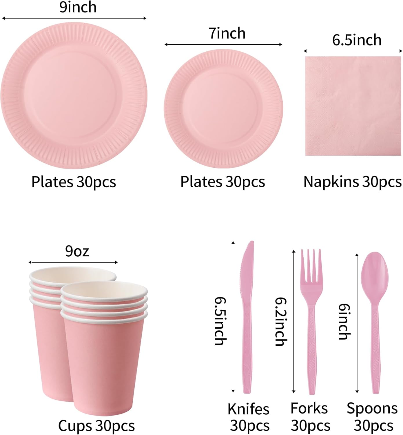 210pcs Pink Paper Plates Disposable Tableware Party Supplies - Includes 9" Dinner Plates, 7" Dessert Plates, 9oz Paper Cups, Napkins, Plastic Forks, Knives And Spoons For All Holiday Parties Serves 30